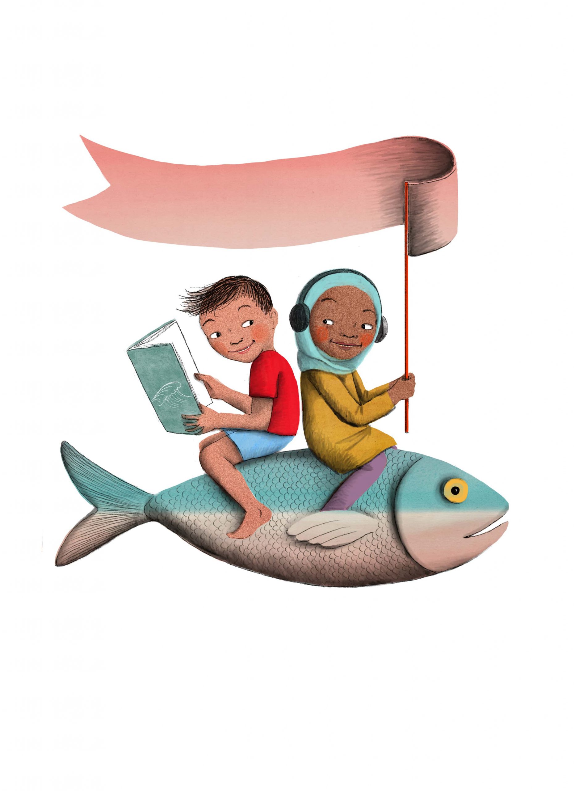 two children reading on the back of a fish