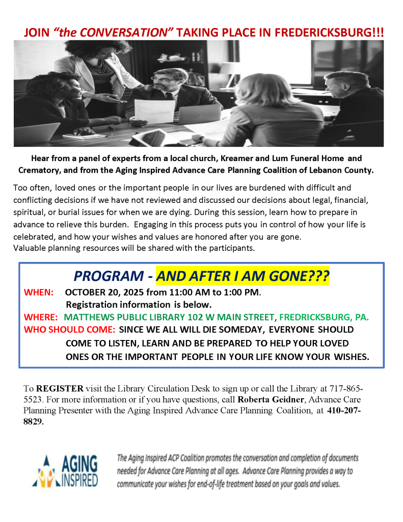 And After I'm Gone? Program at the Matthews Library. October 20 at 11am.