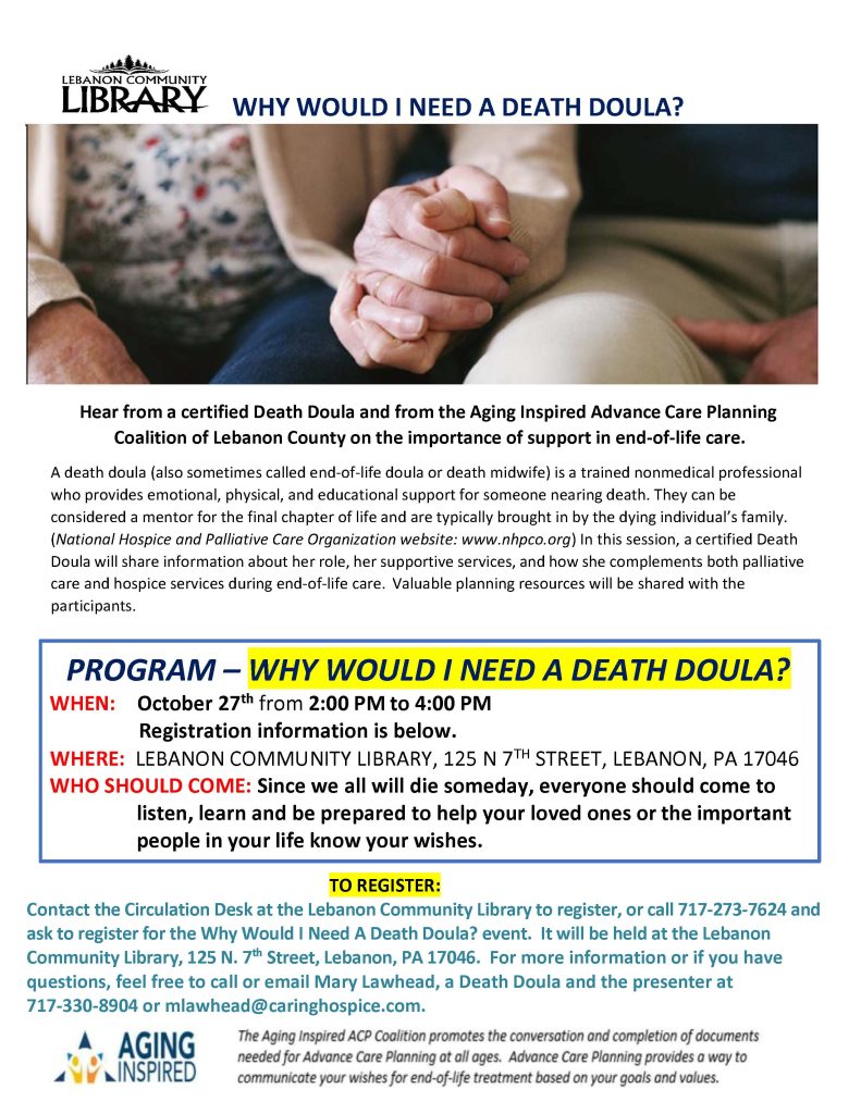 Why would I need a death doula? Program October 27 2-4pm
