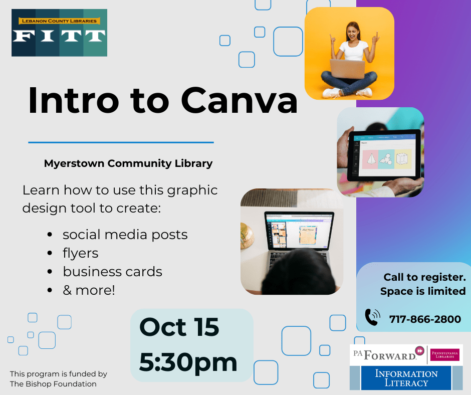 Intro to Canva at Myerstown Library October 15 at 5:30pm