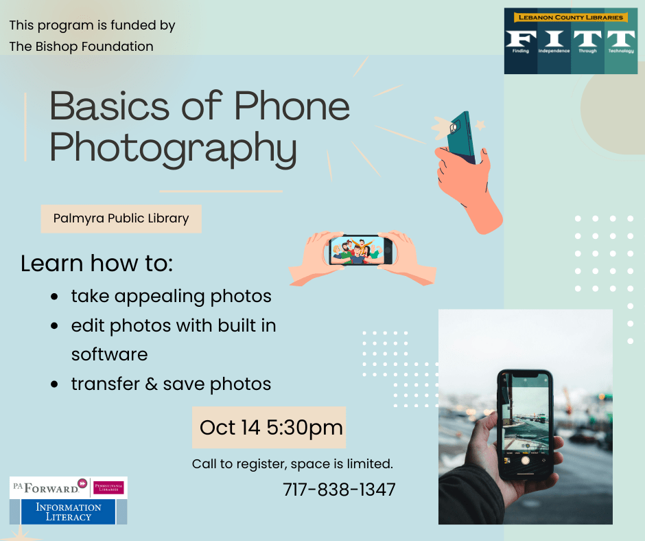 Intro to Phone Photography at Palmyra Library October 14 at 5:30pm