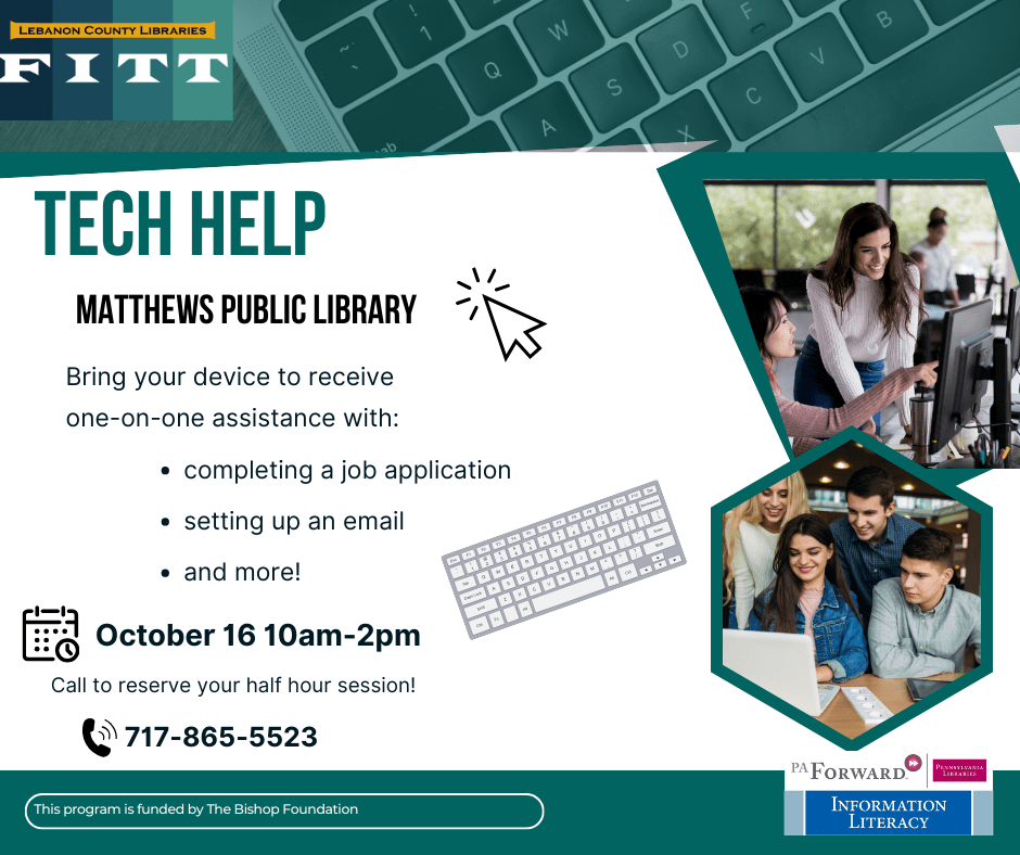 Tech Help at Matthews Library October 16 10am-2pm